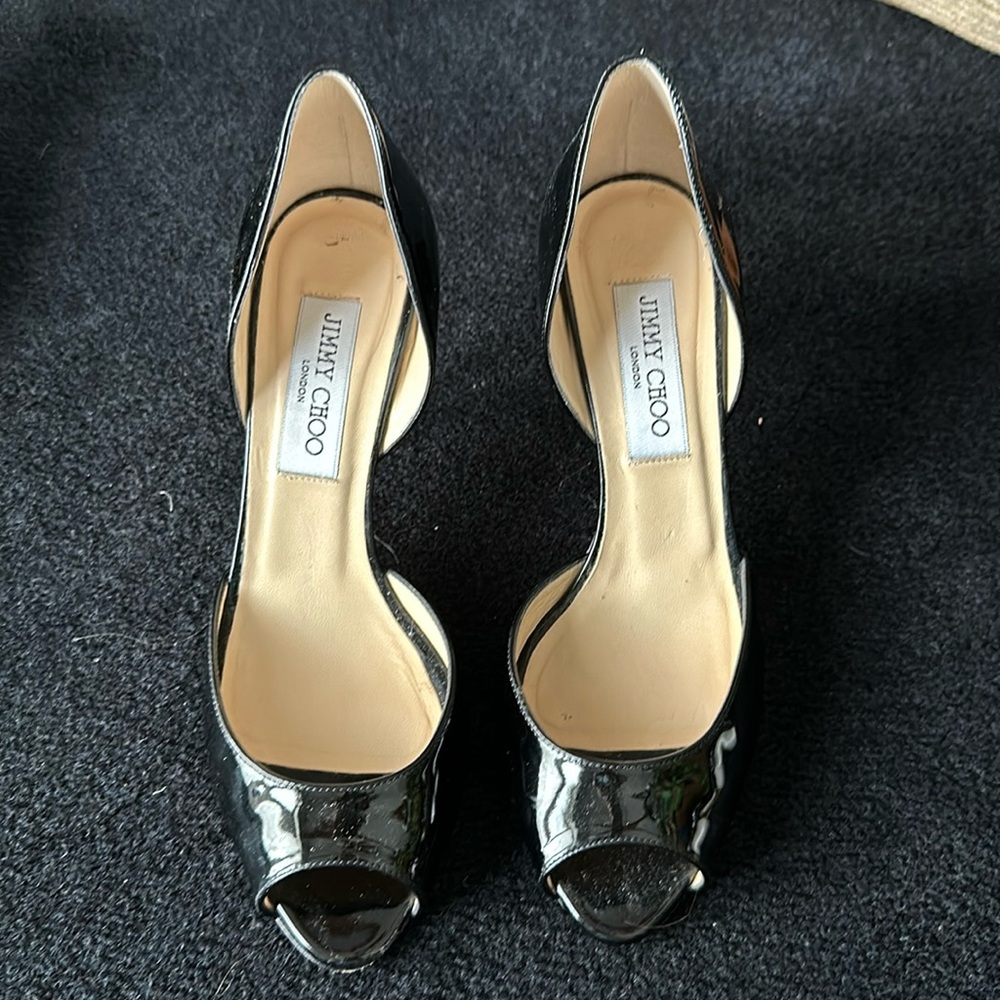 Jimmy Choo Black Patent Leather peep hole pumps